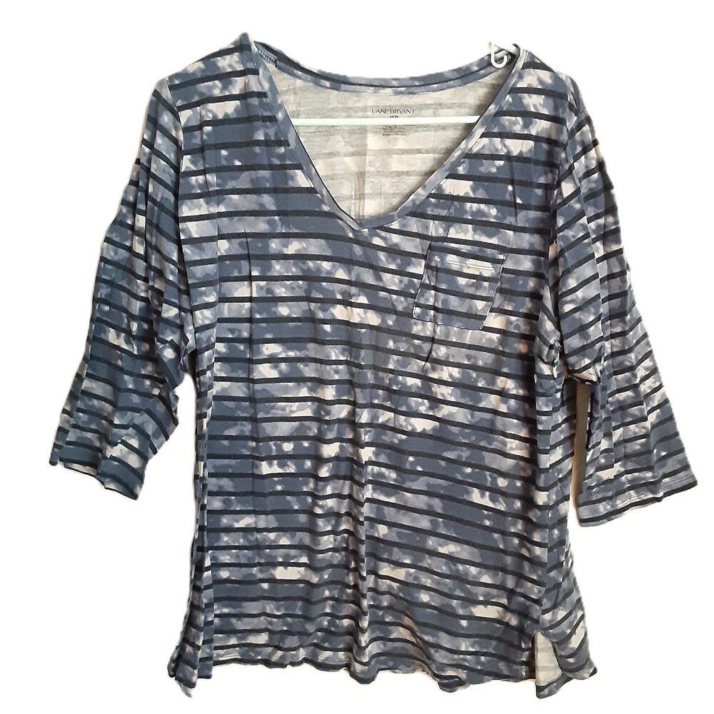 Lane Bryant Blouse Size 1X 3/4 Sleeve V-Neck Blue/White/Black 100% Cotton